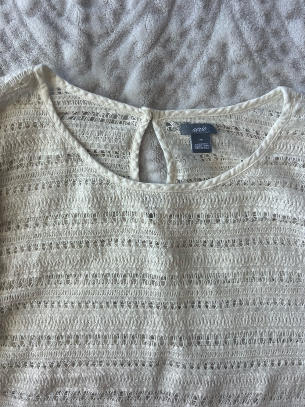 NWOT Aerie White Open-Knit Fringe Trim Short Sleeve Boho Top | Size M - Picture 4 of 10